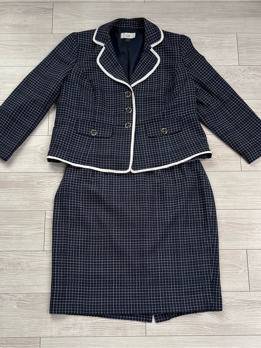 Le Suit Navy Windowpane Skirt Suit with White Trim 18W